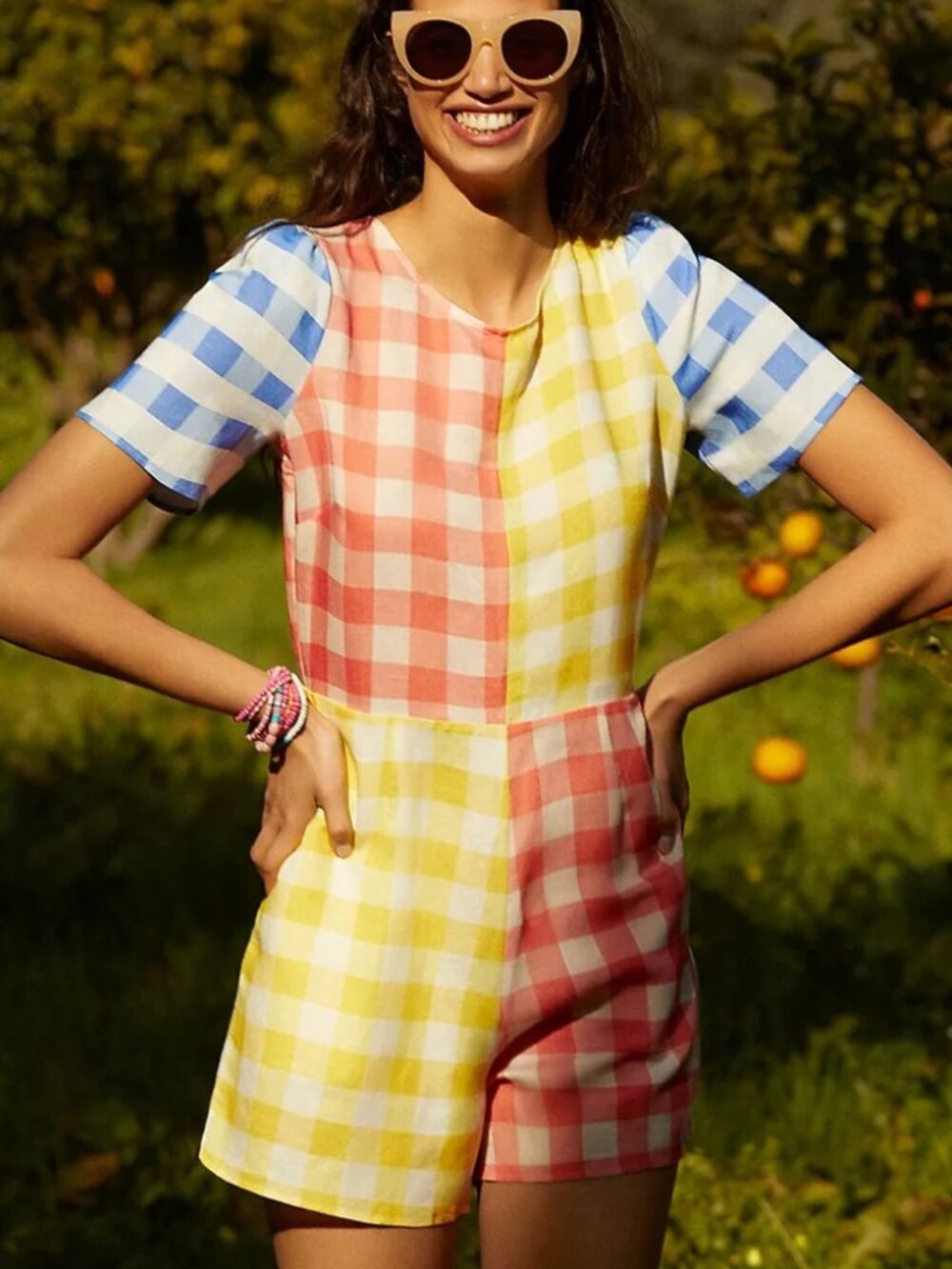 Farm Rio Anthr Romper Colorblocked Gingham romper